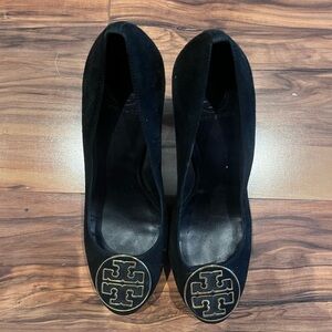 Tory Burch Black Suede Flats with Gold Logo